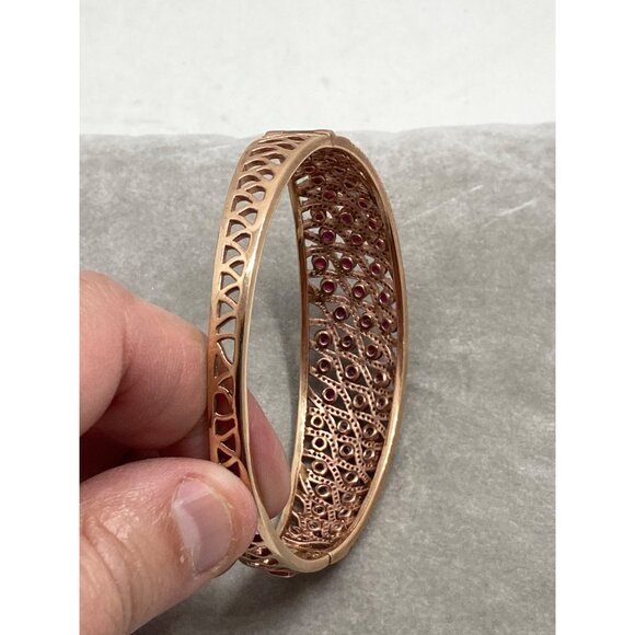 Gold-Plated 925 JCL Silver Bangle Bracelet With Red Gemstone Accents & Intricate - Picture 4 of 9